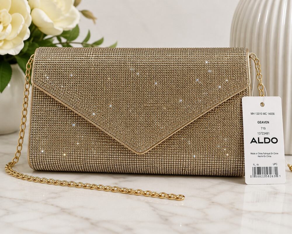 ALDO Geaven Gold Rhinestone Clutch Evening Bag Chain Strap NWT - Gorgeous!